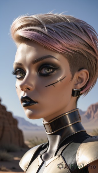 1girl,solo,looking at viewer,short hair,brown eyes,jewelry,upper body,pink hair,multicolored hair,earrings,outdoors,parted lips,sky,day,armor,blurry,lips,eyelashes,makeup,blurry background,scar,lipstick,portrait,scar on face,eyeshadow,realistic,nose,undercut,mascara,black lips,green eyes,artist name,signature,from side,blue sky,bodysuit,watermark,facial mark,close-up,eyeliner,facepaint,very short hair,facial tattoo