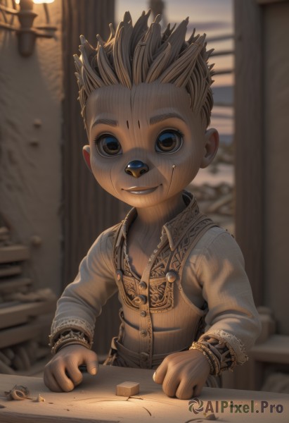 solo,looking at viewer,smile,blonde hair,shirt,long sleeves,1boy,brown eyes,jewelry,upper body,male focus,outdoors,parted lips,teeth,indoors,necklace,blurry,vest,bracelet,depth of field,blurry background,child,furry,furry male,male child,window,mohawk