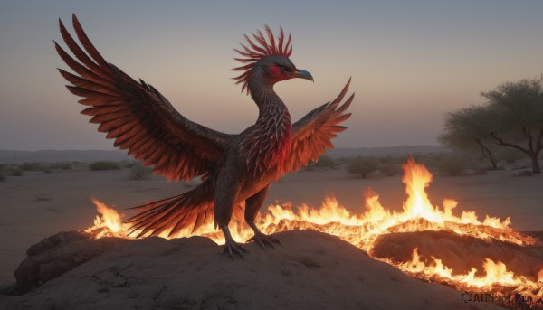 solo,open mouth,red eyes,standing,tail,full body,outdoors,wings,sky,tree,pokemon (creature),no humans,bird,fire,rock,animal focus,talons,beak,molten rock,water,nature,scenery,sand