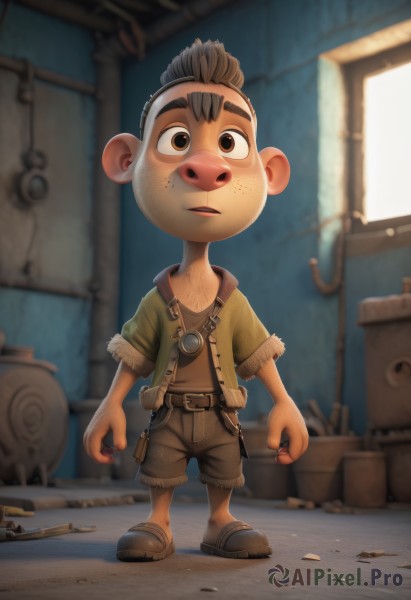 solo,looking at viewer,open mouth,brown hair,shirt,1boy,animal ears,brown eyes,standing,jacket,full body,weapon,male focus,shorts,teeth,belt,indoors,blurry,blurry background,sandals,child,furry,freckles,furry male,male child,brown shorts,buck teeth,crate,window,thick eyebrows,dirty,wrench,mohawk,industrial pipe,alley,screw