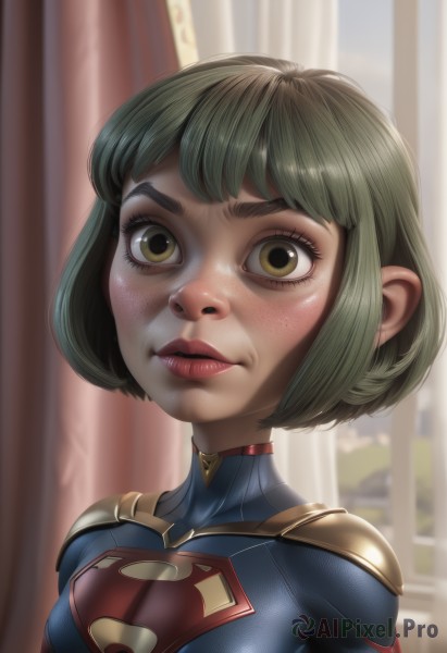 1girl,solo,breasts,looking at viewer,blush,short hair,bangs,brown eyes,green eyes,upper body,green hair,artist name,blurry,lips,eyelashes,window,bodysuit,makeup,blurry background,bob cut,curtains,portrait,freckles,realistic,nose,superhero,closed mouth,blue bodysuit