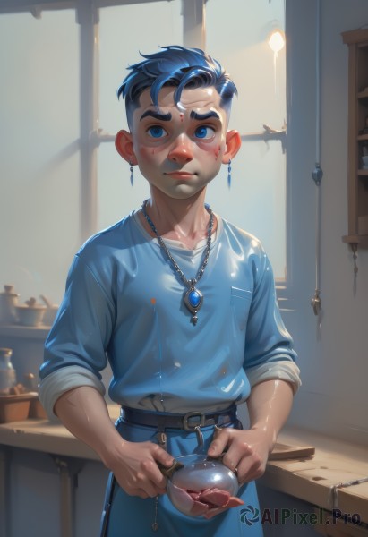 solo,looking at viewer,short hair,blue eyes,shirt,1boy,holding,jewelry,closed mouth,blue hair,standing,collarbone,male focus,cowboy shot,earrings,shiny,belt,pants,indoors,necklace,apron,cup,lips,window,facial mark,blue shirt,gem,pendant,sleeves rolled up,backlighting,forehead mark,realistic,nose,stud earrings,forehead jewel,kitchen,pouring,cabinet,blush,thick eyebrows,veins,facepaint,undercut