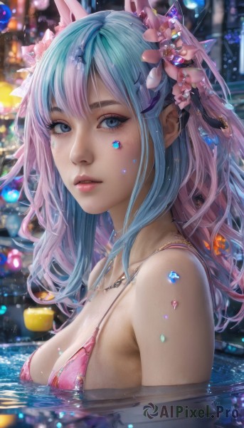 1girl,solo,long hair,breasts,looking at viewer,bangs,blue eyes,hair ornament,cleavage,bare shoulders,jewelry,medium breasts,blue hair,swimsuit,upper body,pink hair,flower,bikini,multicolored hair,outdoors,parted lips,horns,pointy ears,artist name,hair flower,water,necklace,blurry,from side,two-tone hair,lips,wet,looking to the side,eyelashes,aqua hair,gradient hair,makeup,depth of field,blurry background,pink flower,eyeshadow,partially submerged,freckles,beads,pink lips,realistic,nose,pink bikini,pool,strap gap,mascara,animal ears,petals,night,facial mark,gem,water drop