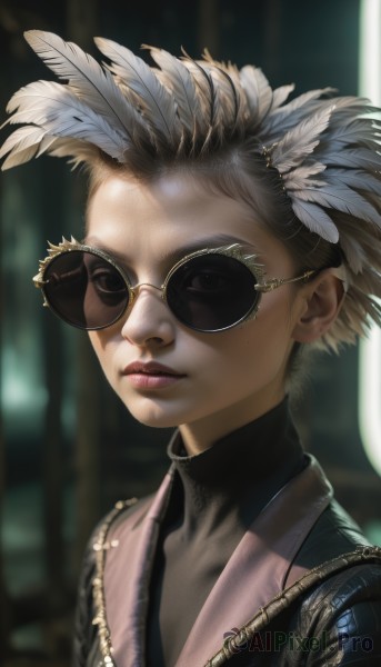 1girl,solo,looking at viewer,short hair,blonde hair,hair ornament,brown eyes,jewelry,closed mouth,jacket,upper body,white hair,glasses,blurry,black eyes,lips,blurry background,turtleneck,sunglasses,feathers,portrait,androgynous,freckles,realistic,round eyewear,feather hair ornament,leather,aviator sunglasses,artist name,eyelashes