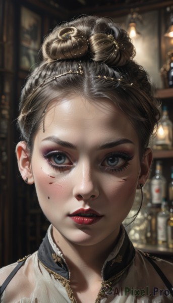 1girl,solo,looking at viewer,short hair,blue eyes,brown hair,black hair,hair ornament,jewelry,earrings,parted lips,indoors,necklace,hair bun,mole,blurry,lips,grey eyes,eyelashes,mole under eye,makeup,depth of field,blurry background,piercing,single hair bun,bottle,lipstick,ear piercing,portrait,close-up,alcohol,eyeshadow,freckles,realistic,red lips,stud earrings,mascara,mole on cheek,blush,dress,teeth,artist name,blood,facial mark,blood on face,eyeliner