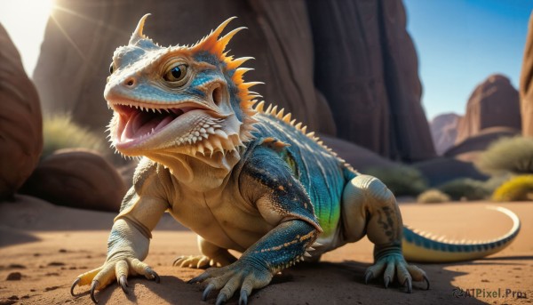 HQ,solo,open mouth,blue eyes,standing,tail,full body,outdoors,teeth,day,tongue,blurry,pokemon (creature),no humans,fangs,sunlight,sharp teeth,claws,monster,rock,realistic,sand,scales,desert,dinosaur,sky,blue sky,sun