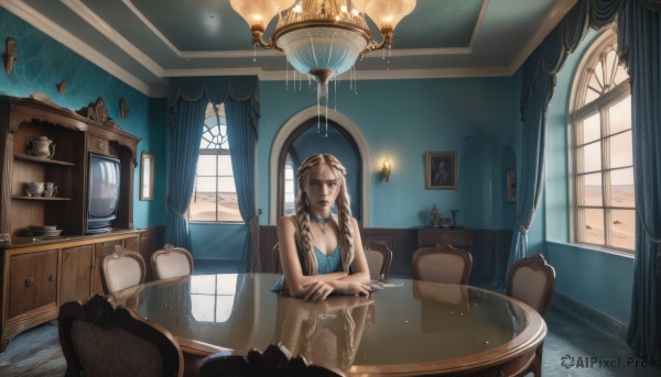 1girl,solo,long hair,breasts,looking at viewer,blue eyes,blonde hair,brown hair,dress,cleavage,bare shoulders,medium breasts,sitting,braid,sleeveless,choker,indoors,twin braids,cup,lips,wet,window,single braid,blue dress,chair,table,sunlight,curtains,hair over shoulder,teacup,realistic,clock,lamp,candle,painting (object),jewelry,water,necklace,crossed arms,scenery,rain,chandelier