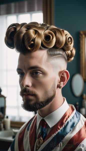 solo,blonde hair,brown hair,shirt,1boy,jewelry,closed mouth,white shirt,upper body,male focus,earrings,necktie,collared shirt,indoors,hair bun,blurry,vest,window,depth of field,blurry background,facial hair,portrait,beard,curly hair,blue necktie,mirror,realistic,nose,mustache,stud earrings,blue eyes,lips