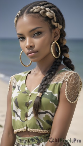 1girl,solo,long hair,looking at viewer,smile,brown hair,shirt,black hair,brown eyes,jewelry,closed mouth,upper body,braid,multicolored hair,earrings,outdoors,sleeveless,day,dark skin,blurry,two-tone hair,dark-skinned female,lips,eyelashes,sleeveless shirt,single braid,makeup,depth of field,blurry background,ocean,beach,hair over shoulder,forehead,freckles,hoop earrings,realistic,nose,green shirt,sand,arms at sides,multiple braids,collarbone,artist name,crop top,dreadlocks