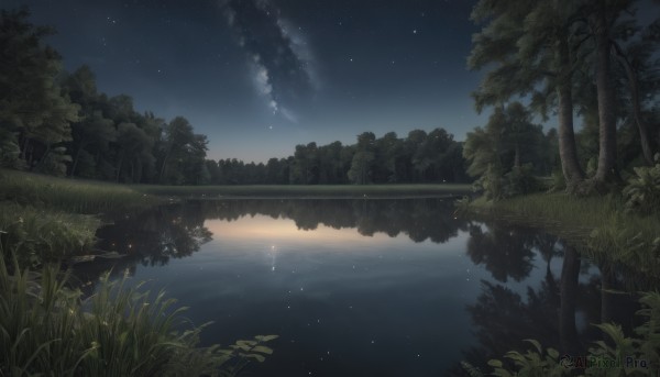 outdoors,sky,cloud,water,tree,no humans,night,grass,plant,star (sky),nature,night sky,scenery,forest,starry sky,reflection,river,lake,reflective water