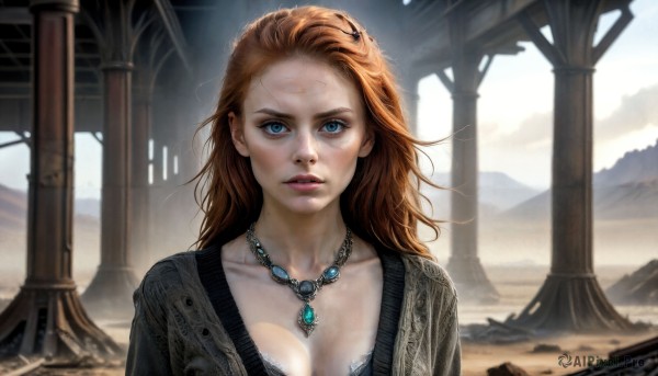 HQ,1girl,solo,long hair,breasts,looking at viewer,blue eyes,large breasts,brown hair,cleavage,jewelry,medium breasts,collarbone,upper body,outdoors,parted lips,sky,day,necklace,bra,orange hair,mole,lips,freckles,realistic,ruins,dirty,pillar,dust,red hair,teeth,portrait