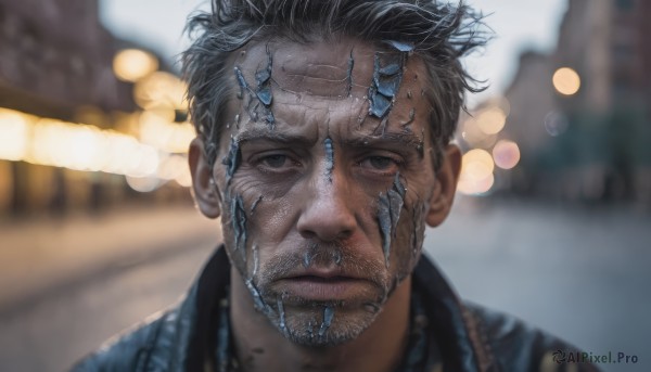 solo,looking at viewer,short hair,black hair,1boy,closed mouth,grey hair,male focus,outdoors,blurry,black eyes,grey eyes,depth of field,blurry background,facial hair,portrait,realistic,jacket,scar,beard,stubble,bokeh