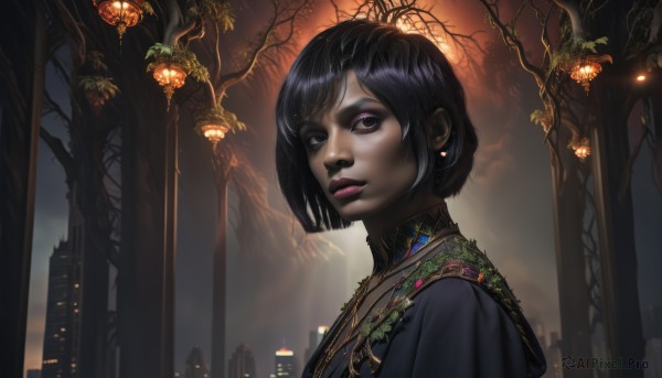 1girl,solo,looking at viewer,short hair,bangs,black hair,jewelry,upper body,earrings,outdoors,parted lips,sky,black eyes,from side,tree,lips,eyelashes,makeup,night,bob cut,lipstick,building,eyeshadow,city,nose,mascara,dark skin,necklace,dark-skinned female,plant,portrait,scenery,realistic