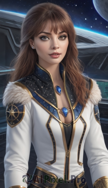 1girl,solo,long hair,breasts,looking at viewer,brown hair,cleavage,brown eyes,jewelry,medium breasts,jacket,upper body,earrings,parted lips,sky,belt,necklace,star (symbol),lips,fur trim,makeup,white jacket,lipstick,star (sky),starry sky,freckles,science fiction,realistic,nose,space,planet,earth (planet),spacecraft,bangs,long sleeves,gem