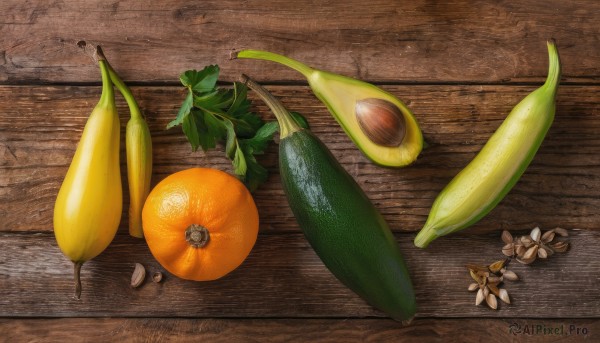 flower,food,no humans,fruit,leaf,white flower,wooden floor,realistic,orange (fruit),food focus,banana,lemon,vegetable,still life,cucumber,wood