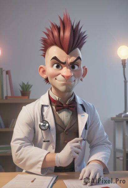 solo,looking at viewer,smile,brown hair,gloves,1boy,bow,brown eyes,jewelry,upper body,male focus,red hair,multicolored hair,earrings,indoors,white gloves,bowtie,vest,red bow,book,thick eyebrows,plant,spiked hair,desk,labcoat,bookshelf,pen,potted plant,lamp,pencil,writing,stethoscope,doctor,mohawk