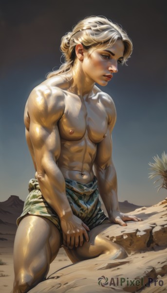 solo,long hair,blonde hair,1boy,navel,closed mouth,nipples,male focus,outdoors,parted lips,shorts,shiny,lips,shiny skin,muscular,abs,pectorals,muscular male,bara,topless male,realistic,sand,camouflage,male swimwear,fine art parody,sitting,underwear,thighs,scar,looking down,large pectorals,veins,male underwear