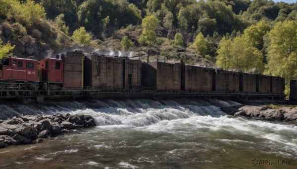 outdoors,day,water,tree,no humans,ground vehicle,building,nature,scenery,motor vehicle,forest,rock,ruins,river,waves,waterfall,sky,snow,bridge,train,real world location