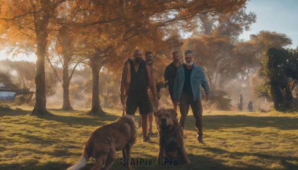 shirt,jacket,male focus,outdoors,multiple boys,open clothes,day,pants,2boys,tree,gun,black shirt,facial hair,animal,sunglasses,3boys,grass,blue jacket,nature,scenery,beard,forest,walking,4boys,dog,realistic,autumn leaves,bald,autumn,short hair,blonde hair,sky,shorts,dark skin,leaf,dark-skinned male,6+boys,5boys