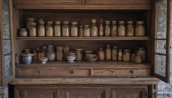 indoors,tree,no humans,window,table,bottle,scenery,snow,bowl,wooden floor,shelf,jar,plant,wall,still life,cabinet,wooden wall