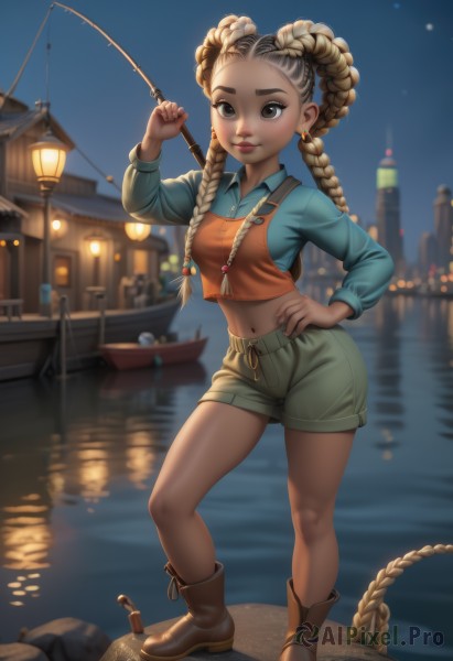 1girl,solo,long hair,breasts,looking at viewer,smile,blonde hair,brown hair,shirt,long sleeves,navel,holding,brown eyes,jewelry,medium breasts,closed mouth,standing,full body,braid,multicolored hair,earrings,small breasts,boots,outdoors,sky,shorts,midriff,collared shirt,artist name,hand up,dark skin,water,blurry,vest,twin braids,dark-skinned female,lips,crop top,hand on hip,short shorts,night,blurry background,brown footwear,thick eyebrows,blue shirt,building,child,night sky,forehead,fish,contrapposto,watercraft,lamppost,river,ship,boat,fishing rod,multi-tied hair,fishing,multiple braids,holding fishing rod,pier,fishing line,skirt,hair ornament,twintails,stomach,piercing,freckles,lantern,rock