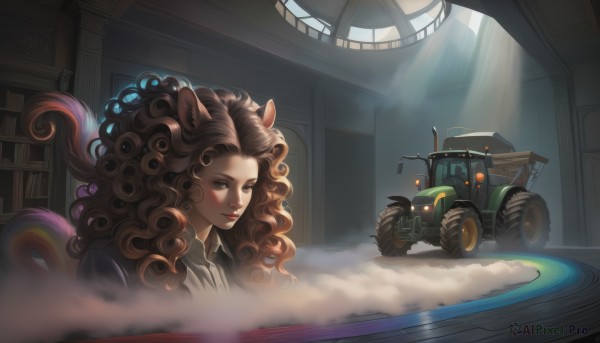 1girl,solo,long hair,looking at viewer,brown hair,shirt,animal ears,brown eyes,closed mouth,tail,upper body,collared shirt,indoors,lips,book,window,makeup,wavy hair,sunlight,lipstick,ground vehicle,motor vehicle,smoke,curly hair,light rays,bookshelf,red lips,big hair,motorcycle,library,dust,blush,squirrel ears