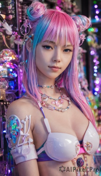 1girl,solo,long hair,breasts,looking at viewer,smile,bangs,blue eyes,hair ornament,cleavage,jewelry,medium breasts,underwear,blue hair,swimsuit,upper body,pink hair,bikini,multicolored hair,earrings,parted lips,necklace,hair bun,bra,blurry,two-tone hair,lips,double bun,blurry background,white bikini,piercing,gem,bikini top only,armlet,realistic,closed mouth,heart,artist name,eyelashes,makeup,watermark,freckles,white bra,science fiction,beads,nose,pearl necklace,cyberpunk