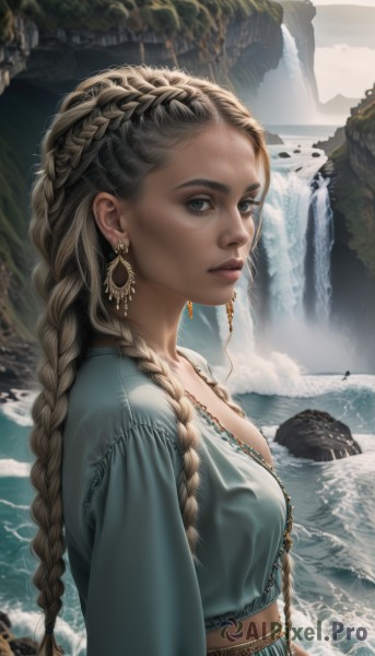 1girl,solo,long hair,breasts,looking at viewer,blue eyes,blonde hair,brown hair,shirt,black hair,long sleeves,cleavage,jewelry,medium breasts,closed mouth,upper body,braid,earrings,small breasts,outdoors,day,midriff,artist name,signature,dark skin,water,necklace,twin braids,from side,dark-skinned female,lips,crop top,looking to the side,grey eyes,eyelashes,single braid,expressionless,blue shirt,hair over shoulder,forehead,freckles,rock,mountain,realistic,nose,hair pulled back,waterfall,cliff,multiple braids,piercing,sunlight,thick eyebrows,waves,dreadlocks