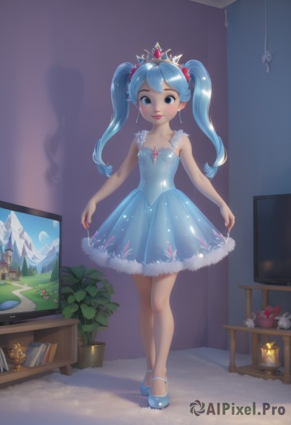 1girl,solo,long hair,breasts,looking at viewer,blush,smile,bangs,blue eyes,hair ornament,dress,bare shoulders,twintails,jewelry,blue hair,standing,collarbone,full body,flower,earrings,small breasts,shoes,sleeveless,indoors,lips,see-through,book,bare arms,window,aqua hair,makeup,sleeveless dress,blue dress,short dress,stuffed toy,table,scrunchie,tiara,crown,plant,curtains,mary janes,blue footwear,mountain,skirt hold,potted plant,television,vase,fireplace,cactus,fur trim,child,snow,snowman