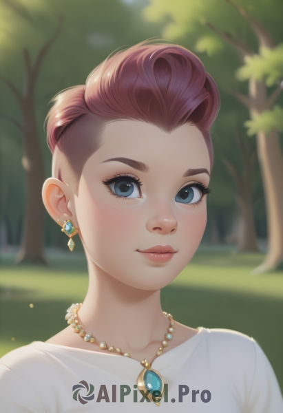 1girl,solo,looking at viewer,smile,short hair,blue eyes,brown hair,shirt,jewelry,closed mouth,collarbone,white shirt,upper body,red hair,earrings,outdoors,day,necklace,blurry,tree,lips,grey eyes,eyelashes,makeup,depth of field,blurry background,gem,portrait,blush,pink hair,artist name,grass,asymmetrical hair,nose,mascara