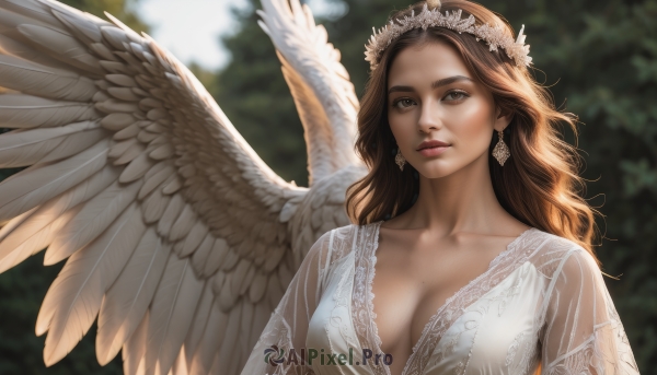 1girl,solo,long hair,breasts,looking at viewer,large breasts,brown hair,hair ornament,dress,cleavage,brown eyes,jewelry,medium breasts,closed mouth,collarbone,upper body,earrings,outdoors,wings,day,white dress,blurry,lips,see-through,depth of field,blurry background,feathered wings,angel wings,realistic,nose,white wings,angel,head wreath,mole,sunlight,tiara,mole on breast,mole on cheek