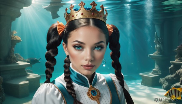 1girl,solo,long hair,looking at viewer,blue eyes,black hair,bow,twintails,jewelry,closed mouth,upper body,braid,hair bow,earrings,artist name,water,twin braids,aqua eyes,lips,eyelashes,makeup,bird,watermark,sunlight,crown,lipstick,gem,forehead,fish,light rays,underwater,red lips,sunbeam,pillar,column,dress,brooch,portrait,eyeshadow,realistic,orange bow,nose,eyeliner,statue,aquarium