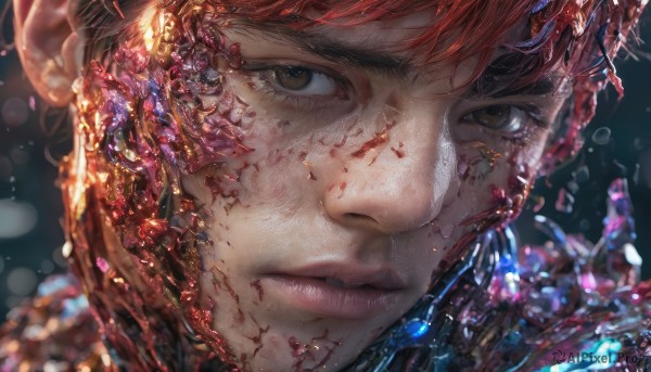 solo,looking at viewer,short hair,bangs,brown hair,1boy,brown eyes,closed mouth,male focus,red hair,blurry,lips,eyelashes,blood,depth of field,blurry background,gem,portrait,light particles,close-up,crystal,realistic,nose,shards,1girl,jewelry,earrings,parted lips,freckles