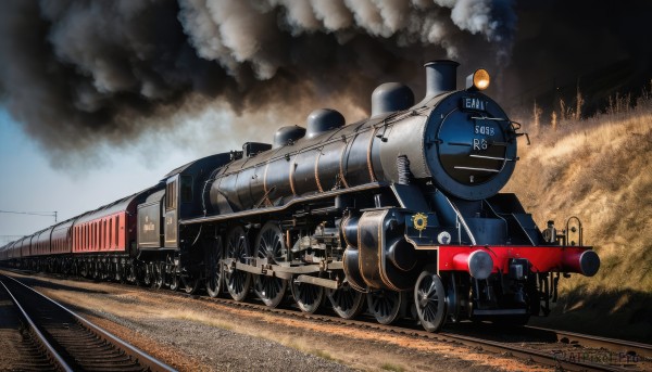 weapon,outdoors,sky,cloud,military,no humans,fire,ground vehicle,motor vehicle,smoke,realistic,military vehicle,tank,vehicle focus,machine gun,train,caterpillar tracks,world war ii,railroad tracks,day,gun,grass,cannon,damaged