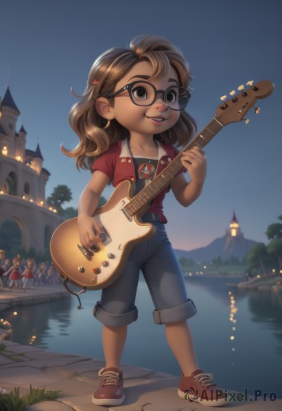 1girl,long hair,smile,open mouth,multiple girls,brown hair,shirt,hair ornament,holding,brown eyes,standing,jacket,full body,short sleeves,outdoors,parted lips,multiple boys,open clothes,sky,shoes,glasses,shorts,teeth,solo focus,hairclip,pants,artist name,water,blurry,tree,lips,night,upper teeth only,grass,denim,building,red footwear,red shirt,sneakers,instrument,child,night sky,red jacket,reflection,black-framed eyewear,round eyewear,music,guitar,female child,bridge,playing instrument,holding instrument,river,electric guitar,lake,buck teeth,people,solo,4girls,denim shorts,jeans,castle