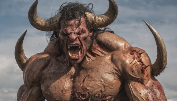 solo,open mouth,black hair,1boy,tail,upper body,male focus,horns,sky,teeth,blood,muscular,fangs,veins,topless male,injury,realistic,outdoors,cloud,cloudy sky,angry,monster,manly,demon,cuts