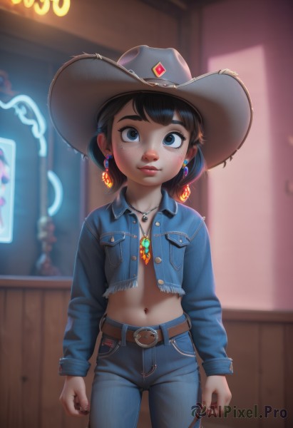 1girl,solo,looking at viewer,short hair,blue eyes,brown hair,black hair,long sleeves,hat,navel,jewelry,closed mouth,standing,jacket,cowboy shot,earrings,open clothes,midriff,belt,pants,indoors,necklace,nail polish,mole,blurry,black eyes,flat chest,open jacket,lips,blurry background,thick eyebrows,denim,blue jacket,child,buckle,pendant,clenched hands,freckles,cropped jacket,pocket,jeans,belt buckle,arms at sides,unbuttoned,blue pants,female child,brown belt,cowboy hat,poster (object),cowboy western,mole above mouth,denim jacket,blush,bangs,shirt,collarbone,stomach,crop top,loli,open shirt,makeup,buttons,black nails,backlighting,realistic,nose,breast pocket,badge,neon lights,leather belt