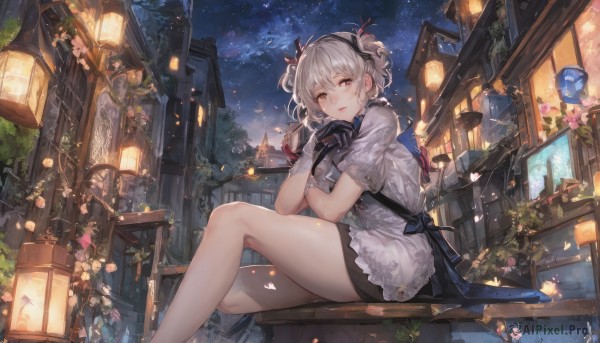 1girl,solo,looking at viewer,blush,short hair,bangs,skirt,shirt,red eyes,gloves,dress,ribbon,holding,twintails,brown eyes,sitting,hair ribbon,flower,white hair,short sleeves,thighs,hairband,outdoors,parted lips,sky,shorts,black gloves,white dress,apron,two side up,tree,petals,bare legs,night,plant,building,star (sky),night sky,scenery,pink flower,starry sky,lantern,lamp,lamppost,grey hair,legs