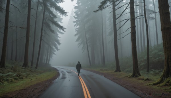 outdoors,day,tree,no humans,shadow,bird,grass,nature,scenery,forest,walking,road,bush,fog,path,solo,sky,cloud,animal,landscape,crow