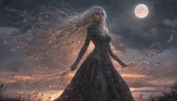 1girl,solo,long hair,breasts,blonde hair,long sleeves,dress,medium breasts,very long hair,closed mouth,standing,white hair,outdoors,sky,cloud,black dress,lips,grey eyes,night,floating hair,looking away,moon,cloudy sky,plant,wind,star (sky),night sky,full moon,starry sky,wheat,looking at viewer,holding,jewelry,earrings,tree,long dress