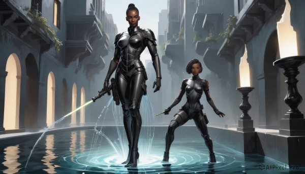 breasts,short hair,multiple girls,brown hair,black hair,holding,2girls,medium breasts,standing,weapon,sword,dark skin,water,holding weapon,armor,dark-skinned female,gun,bodysuit,glowing,building,holding gun,handgun,reflection,science fiction,black bodysuit,ripples,cyborg,energy sword,lightsaber,looking at viewer,hair bun,facial mark,holding sword,single hair bun,wading,ruins,white eyes,arm blade