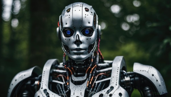 A stunning portrayal of a cyborg in a lush dynamic scene