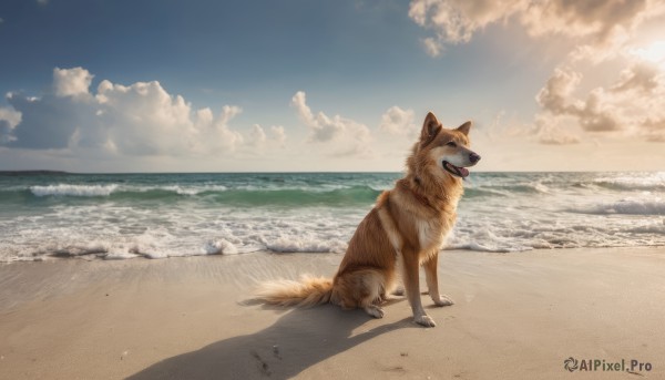 outdoors, sky, day, cloud, no humans, shadow, ocean, beach, scenery, dog, realistic, sand, shiba inu