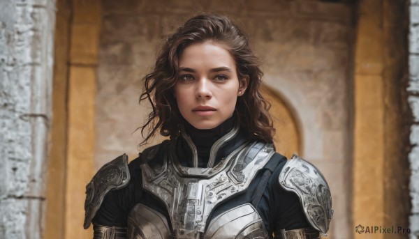 1girl,solo,long hair,looking at viewer,brown hair,brown eyes,jewelry,closed mouth,upper body,earrings,armor,blurry,black eyes,lips,wavy hair,shoulder armor,messy hair,curly hair,pauldrons,breastplate,realistic,chainmail,blurry background,expressionless