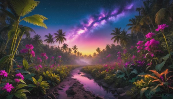 flower, outdoors, sky, cloud, water, tree, no humans, night, grass, plant, star (sky), nature, night sky, scenery, starry sky, sunset, rock, palm tree