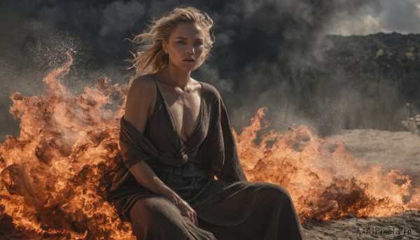 1girl,solo,long hair,breasts,looking at viewer,blonde hair,dress,cleavage,bare shoulders,jewelry,sitting,closed mouth,collarbone,outdoors,sky,cloud,off shoulder,black dress,lips,fire,smoke,robe,mountain,realistic,burning,blue eyes,parted lips,cloudy sky