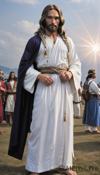 long hair,looking at viewer,brown hair,long sleeves,1boy,brown eyes,closed mouth,standing,full body,weapon,braid,male focus,outdoors,multiple boys,sky,barefoot,solo focus,day,sword,cloud,wide sleeves,twin braids,blue sky,sash,toes,facial hair,sheath,beard,6+boys,robe,sun,white robe,blonde hair,black hair,boots,belt,mole,sunlight,grass,4boys,hands on hips,realistic,mustache,5boys,tunic,soldier