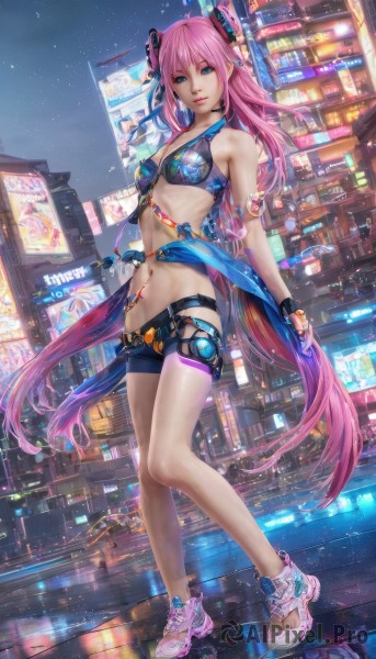 1girl,solo,long hair,breasts,looking at viewer,bangs,blue eyes,hair ornament,navel,cleavage,bare shoulders,twintails,jewelry,medium breasts,very long hair,closed mouth,standing,swimsuit,full body,pink hair,bikini,small breasts,outdoors,sky,shoes,shorts,choker,midriff,belt,fingerless gloves,stomach,nail polish,lips,legs,short shorts,tattoo,night,building,sneakers,star (sky),night sky,bikini top only,starry sky,reflection,pink lips,city,realistic,gloves,aqua eyes,headgear,science fiction,skates