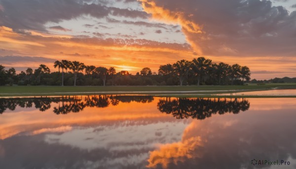 outdoors,sky,cloud,water,tree,no humans,cloudy sky,grass,plant,nature,scenery,forest,reflection,sunset,horizon,evening,gradient sky,orange sky,reflective water,lake