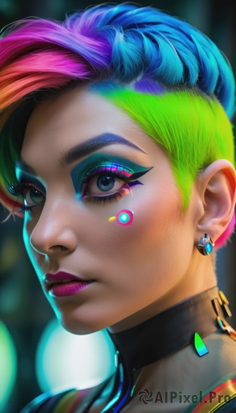 1girl,solo,looking at viewer,short hair,bangs,blue eyes,jewelry,green eyes,blue hair,pink hair,multicolored hair,earrings,parted lips,green hair,choker,blurry,two-tone hair,lips,eyelashes,makeup,blurry background,heterochromia,facial mark,lipstick,portrait,eyeshadow,multicolored eyes,realistic,nose,red lips,eyeliner,undercut,purple lips,mascara,cyberpunk,rainbow hair,closed mouth,artist name,from side,gradient hair,watermark,web address,pink lips,facepaint